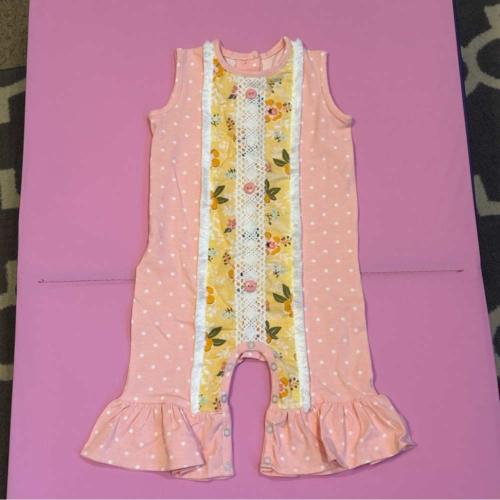 Ricrac And Ruffles Girls Summer Romper 24 Months Pink Floral & White Polka Dots